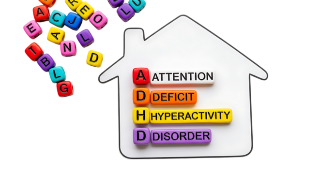 Adhd focus tools in remote work adhd acronym with colorful blocks inside a house shape isolated on transparent background