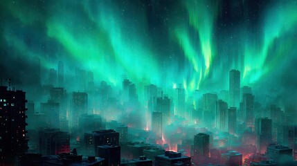 Fototapeta premium Emerald Aurora Borealis Dancing Above a Futuristic Cityscape at Night.