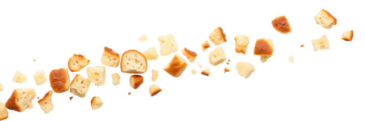 Crispy bread crumbs scattered dynamic motion, showcasing texture and color variations. Perfect for culinary presentations or food related designs