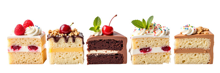 Delicious dessert display featuring colorful layered cakes with various toppings, including cherries, raspberries, and cream