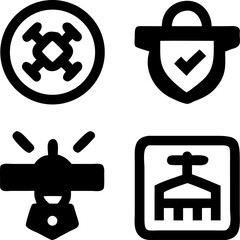 Four distinct icons represent security, technology, and safety in a modern, clean style.