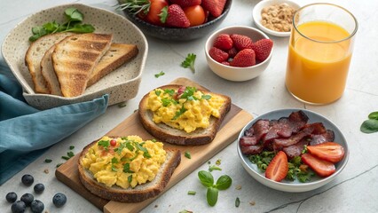 Delicious and hearty breakfast spread featuring scrambled eggs on toast with fresh fruits and orange juice in a cozy kitchen setting