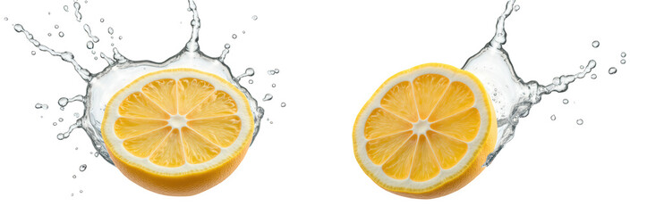 Fresh lemon slices splash into water, creating refreshing and vibrant scene. bright yellow color contrasts beautifully against transparency