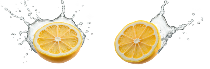 Fresh lemon slices splash into water, creating refreshing and vibrant scene. bright yellow color contrasts beautifully against transparency