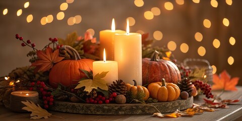 Warm candlelit centerpiece adorned with autumn decorations creates a cozy atmosphere for Thanksgiving festivities