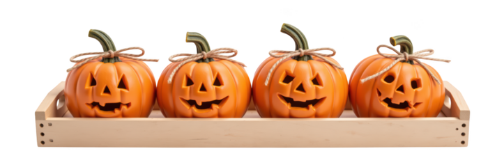 Four carved pumpkins with smiling faces arranged in wooden tray, perfect for Halloween decorations. vibrant orange color adds festive touch