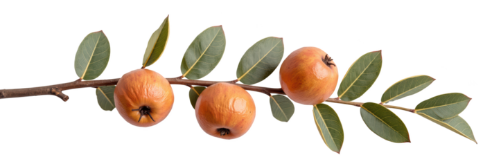 Fresh fruit branch with three ripe medlar fruits and green leaves, showcasing natural beauty and vibrant colors