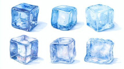 A collection of six watercolor ice cubes in various shapes and sizes, showcasing transparency and reflections
