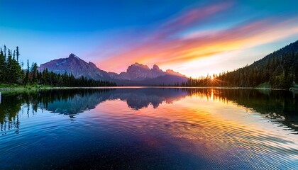 vibrant soundwaves reflecting on a calm lake with majestic mountains in the background during sunset