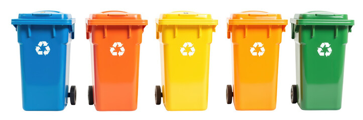 Colorful recycling bins arranged in row, featuring blue, orange, yellow, and green colors, promoting environmental awareness and waste management
