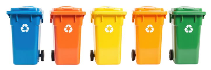 Colorful recycling bins arranged in row, featuring blue, orange, yellow, and green colors, promoting environmental awareness and waste management