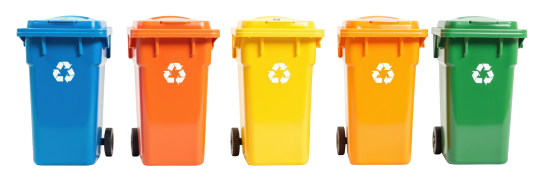 Colorful recycling bins arranged in row, featuring blue, orange, yellow, and green colors, promoting environmental awareness and waste management