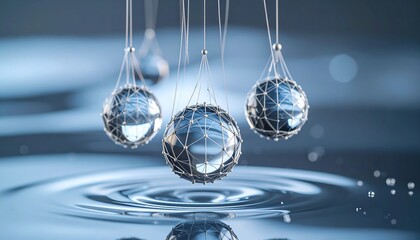 Hanging Spheres Reflecting in Rippled Water Surface
