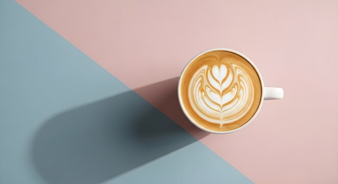 Top view latte with tulip latte art casting long shadow on pastel gradient background