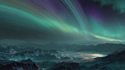 Naklejka premium Ethereal Aurora Borealis - Celestial Dance Over Frozen Landscape.