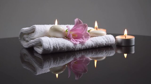 serene spa-like arrangement with gladiola flowers, white towel, candles, and white river stones with reflections for mental wellness