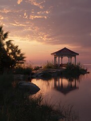 Fototapeta premium sunset lake pavilion