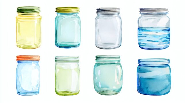 A collection of colorful glass jars in various shapes and sizes, some filled with water and others empty, showcasing a watercolor style