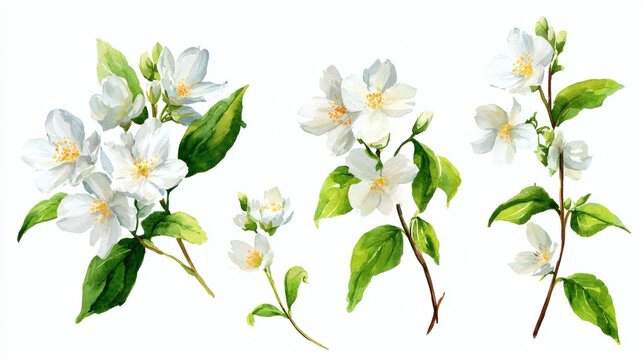 A collection of watercolor illustrations of white jasmine flowers and leaves, showcasing various stages of bloom and arrangement