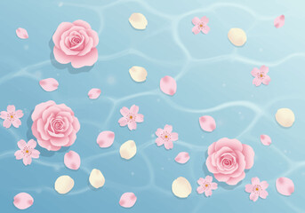 Pink Roses and Cherry Blossoms Floating on Water.