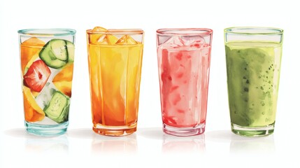 Four colorful drinks in tall glasses, featuring fruits and ice cubes, refreshing summer beverages