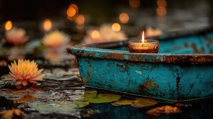 Rusty teal boat on water, lit candle, lilies