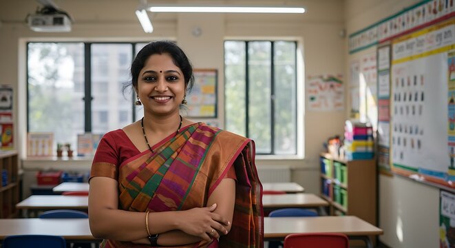 Indian lady teacher in saree crossed arms. Confident and professional traditional Indian woman standing in a classroom
