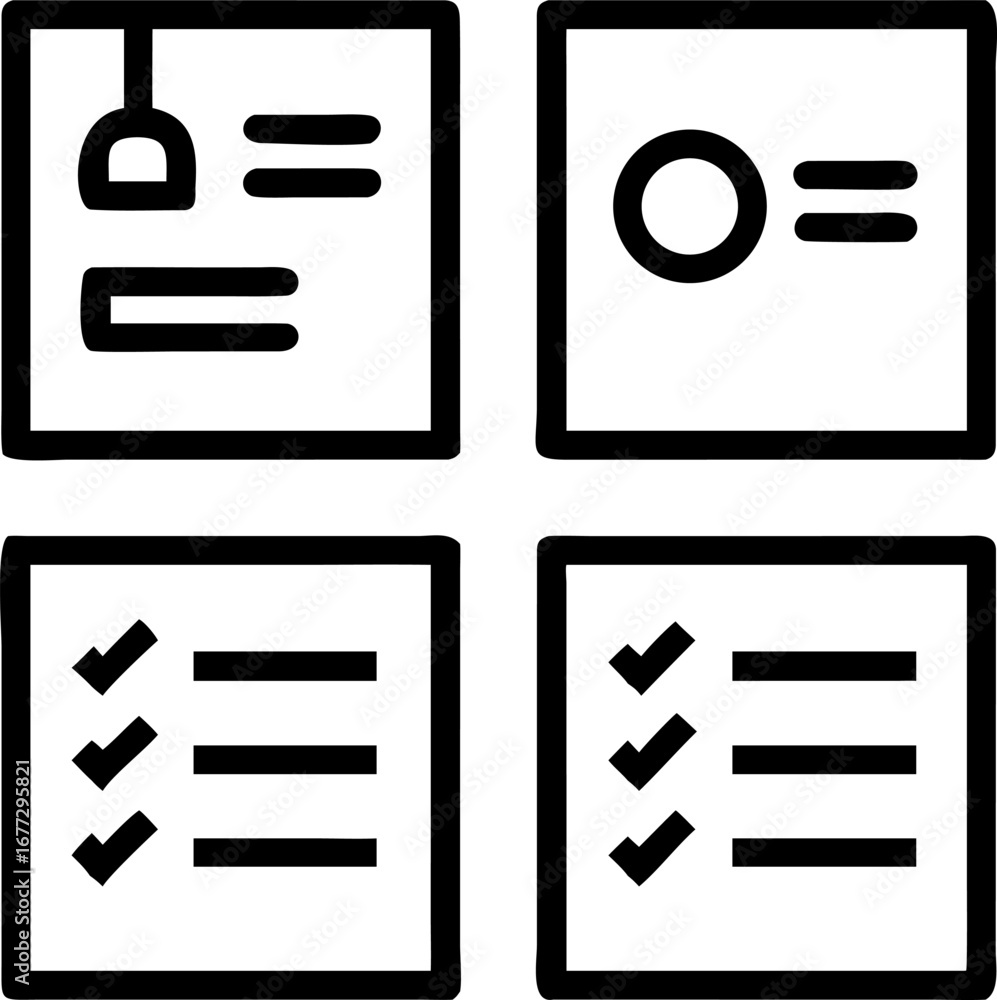 Poster organized task management icons representing project planning, progress tracking, and completion sta