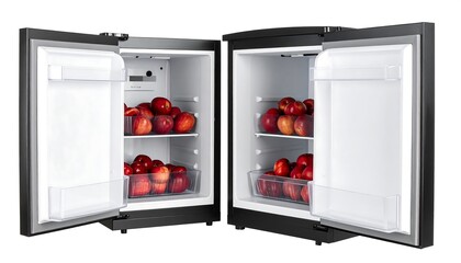A compact refrigerator, brightly lit, displays a bounty of fresh red fruits, showcasing its interior space and organization.