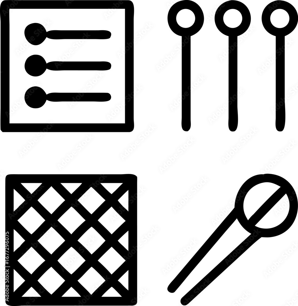 Poster simple icons set for design projects representing lists, pins, grids, and microphones for creative p