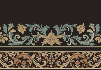 Elegant Baroque-Style Floral Border Design with Teal and Beige Accents.