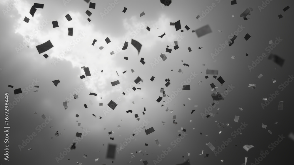 Poster falling paper pieces create dynamic and abstract scene against cloudy sky, evoking sense of movement