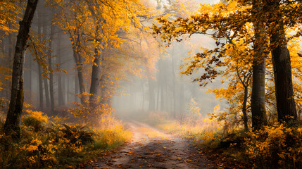 Obraz premium Misty Autumn Forest Path: Golden Leaves, Serene Woodland Scene, Magical Fall Landscape