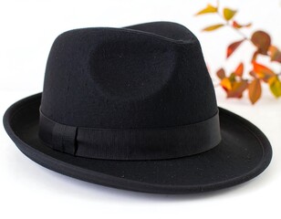 Black fedora hat on white background with autumn leaves