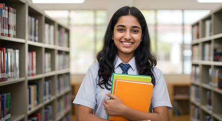 Indian School Girl Holding Books in a Library. Smiling Teenage Student Representing Education and Learning
