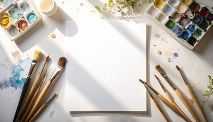 Artist's workspace with watercolor paints, brushes, and a blank canvas.