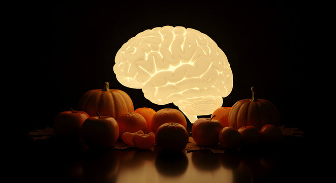 Illuminated brain model surrounded by autumn harvest fruits, symbolizing cognitive function and seasonal creativity