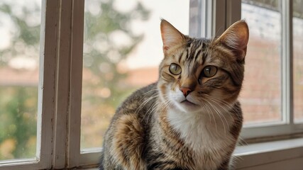 Cute Domestic Tabby Cat Perched Comfortably on a Window Sill, Admiring the View Outdoors