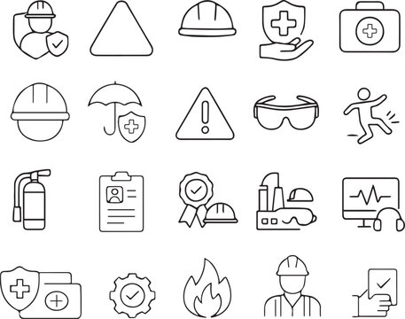Work Safety Line Icon Set, Editable Vector Icons for Workplace Security, Safety First, Hard Hat, Risk Management