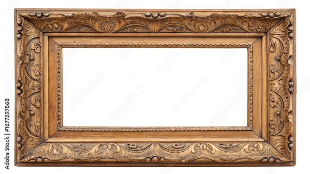 Poster Ornate rectangular golden picture frame with carved details and empty center on white background
