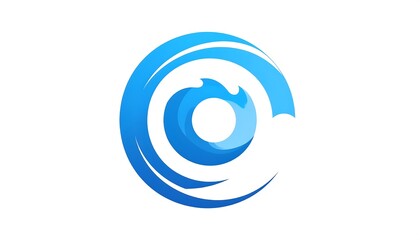 Circular design featuring layered, curved shapes in varying shades of blue, creating a dynamic, swirling effect, on a clean white background