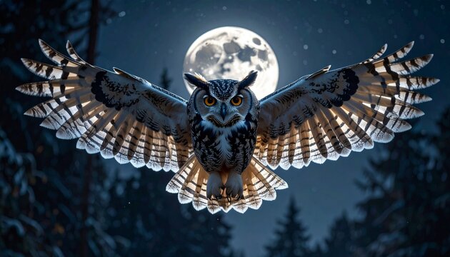 A majestic great horned owl with its wings spread wide, soaring through the night sky under a luminous full moon.