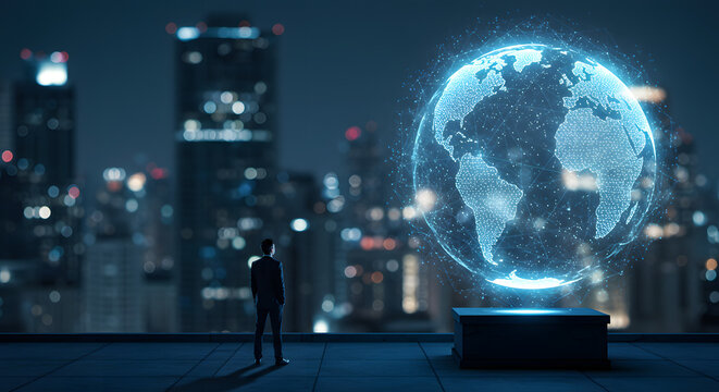 A contemplative executive observes a glowing digital earth hovering above a modern metropolis showcasing future
