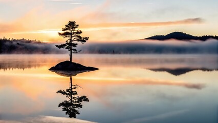 Serene lake landscape with single pine tree at sunset