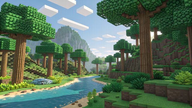 “3D voxel art of a lush jungle with tall blocky trees, rivers, and pixelated mountains. Bright vibrant colors in cubic low-poly style perfect for gaming backgrounds and fantasy themes.”
 - Powered by Adobe