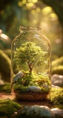 A miniature tree thrives within a clear glass jar, nestled amidst mossy rocks and bathed in soft, sunlit forest ambiance