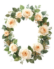 Floral Embrace: A delicate wreath of creamy roses and lush green foliage, forming a harmonious circle and inviting beauty and serenity.
