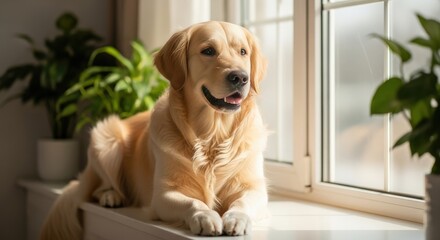 Golden Retriever dog relaxing by a window with plants in the background.