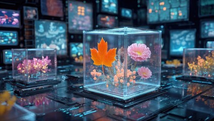 Futuristic Digital Preservation of Nature Encased in Transparent Cubes.