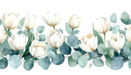 Obraz premium Floral Serenity: An elegant watercolor border design featuring pristine white tulips and delicate green foliage, perfect for adding a touch of nature-inspired beauty.